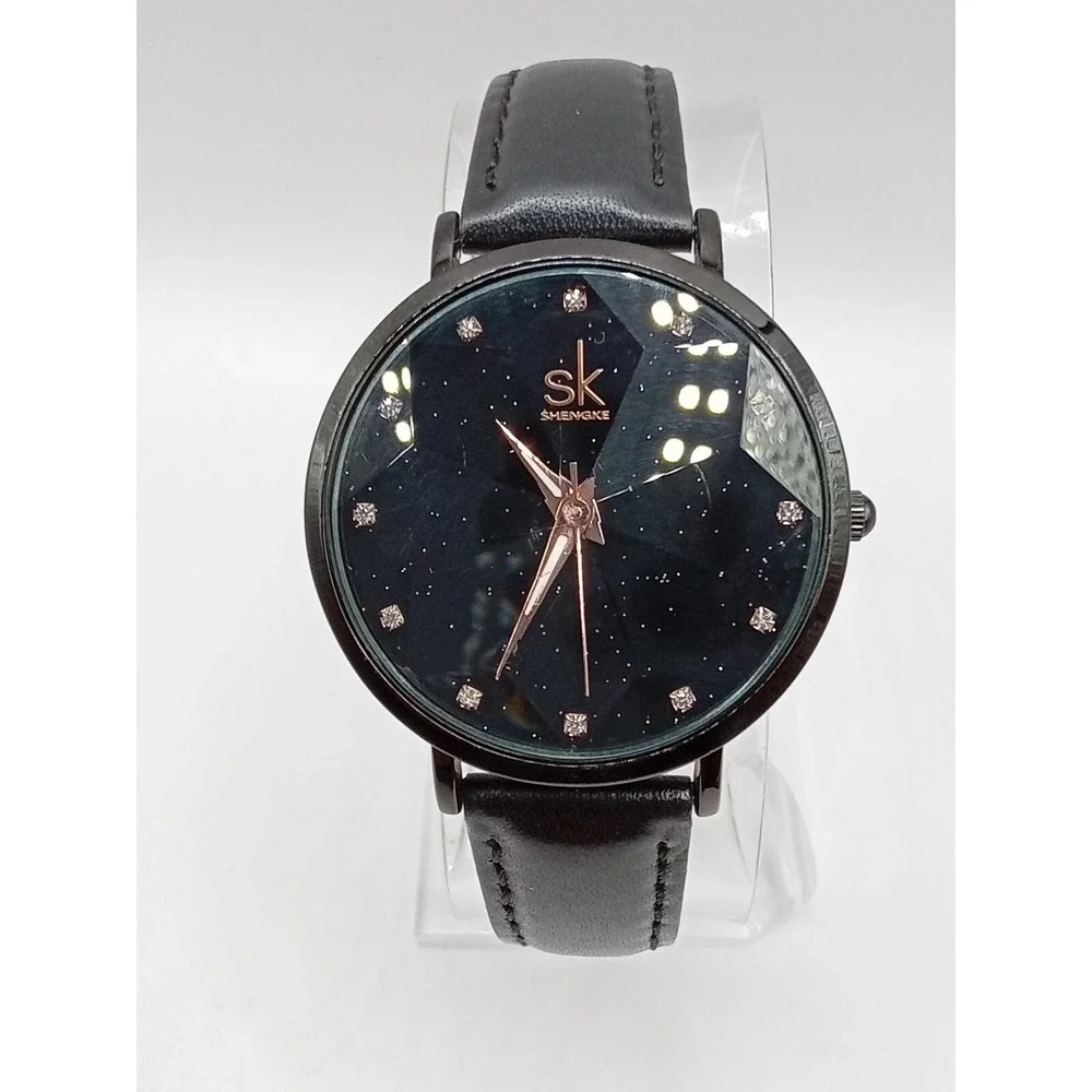 Shengke Women's Black Prism Crystal Leather‎ Band Quartz Watch- New Battery